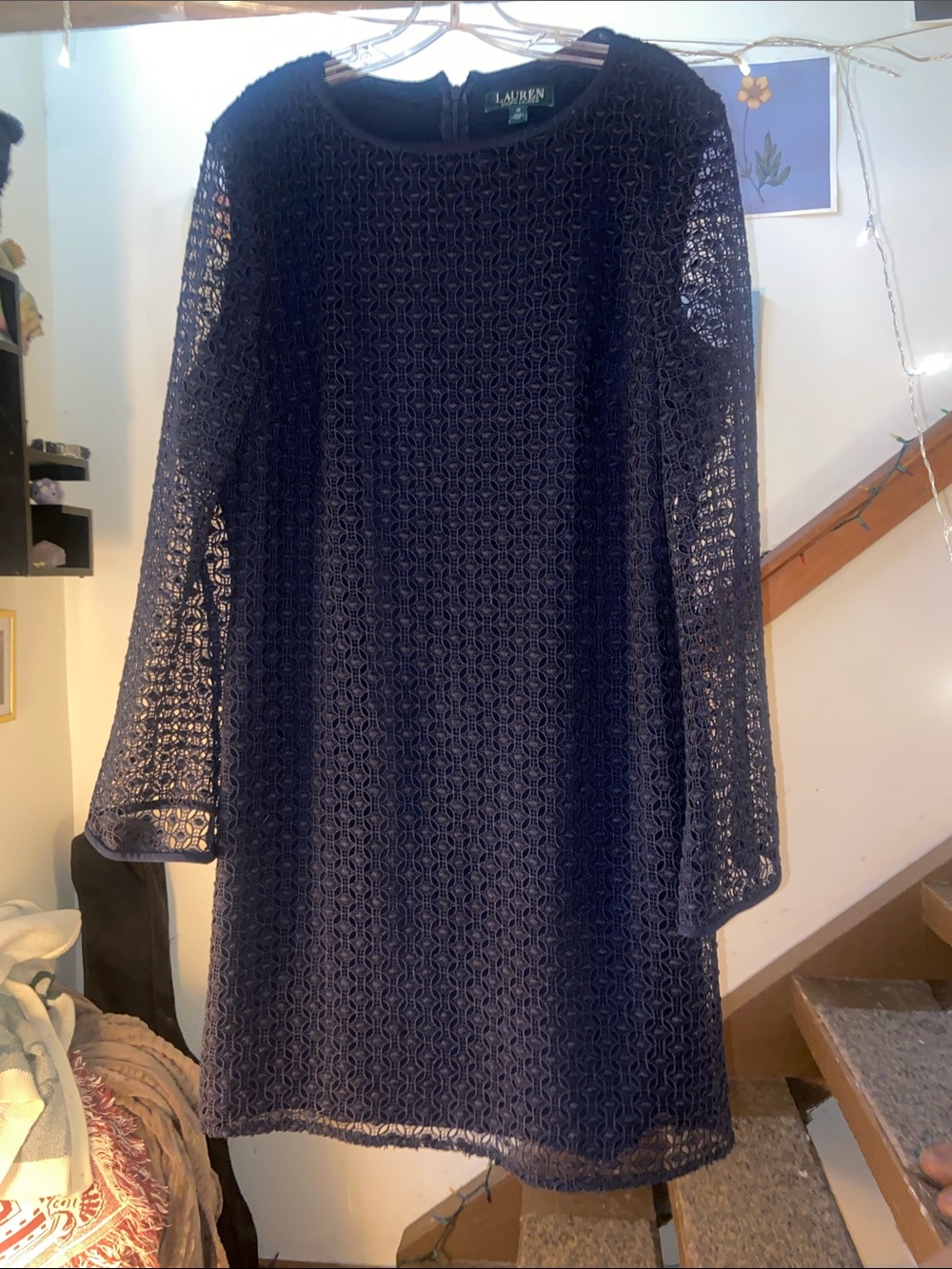 Ralph Lauren Navy Crochet Long-Sleeve Shift Dress with Sheer Sleeves